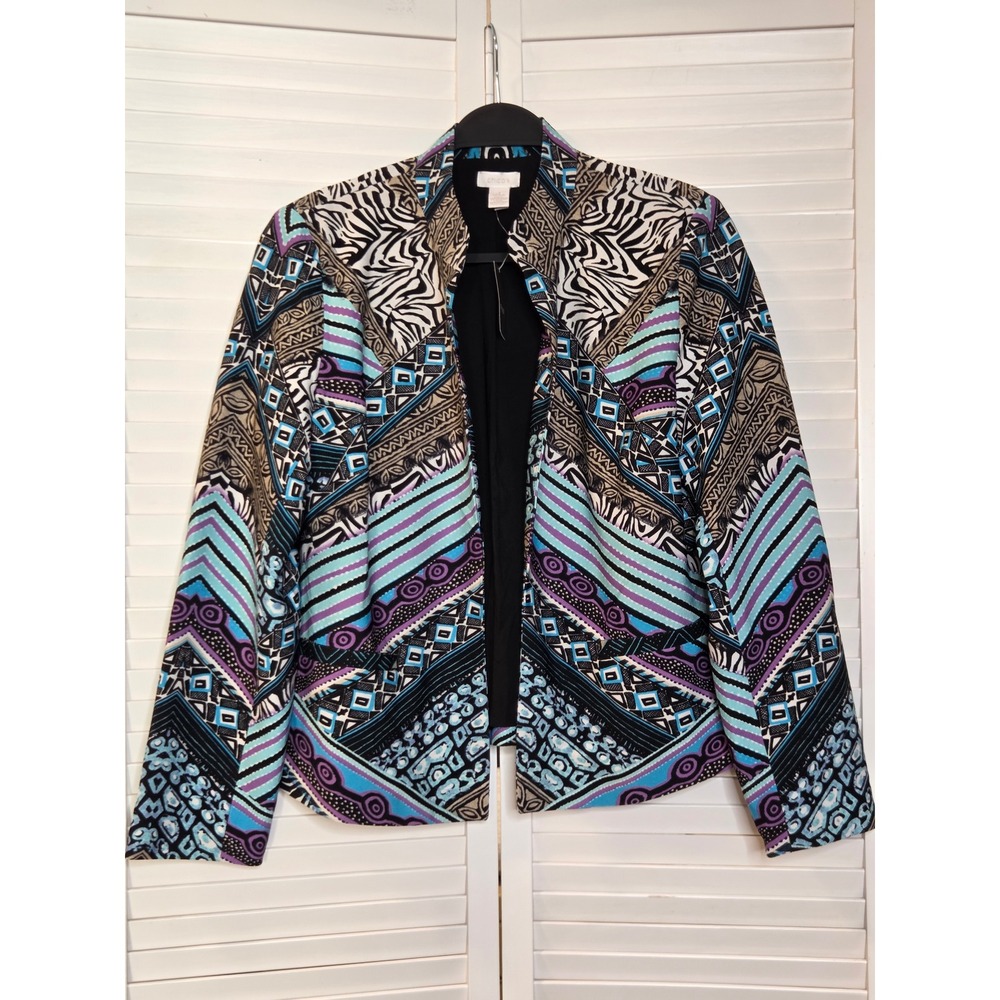 Chico's Kaila Animal Graphic Blazer Jacket Size 1 M Blue Purple Zebra Print New